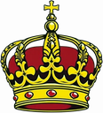 A golden crown with red velvet lining and embedded red jewels.