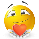 Smiley face with a gentle expression holding a red heart in its hands.
