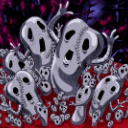 A group of small, gray, ghost-like creatures with wide-open screaming mouths rising from a red surface.