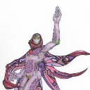 A masked humanoid figure with intricate wing-like patterns striking a triumphant pose with one arm raised.