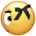 Yellow smiley face with a black bow looking sideways with a judgmental and suspicious expression.