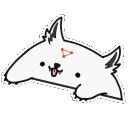 A cute white cat-like creature with a red triangle on its forehead waves its paw.