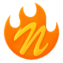 Letter N written in a stylized font inside a bright orange flame shape.