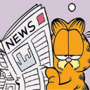 Garfield the orange cat holding a newspaper with a bored and unimpressed facial expression.