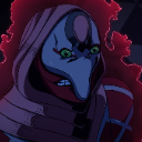 A masked figure with a blue face and green eyes stares intensely while surrounded by a glowing red aura.
