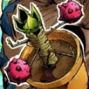 A spiky green plant creature with pink thorny appendages sitting in a brown flower pot.