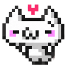 A pixelated white cat face with an uwu expression and a small red hat on top.