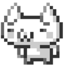 A small white pixelated cat with a suspicious side-eye expression.