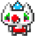 Pixel art clown face with a red nose and green eyes looking mischievous.