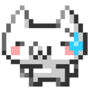A white pixelated cat face with a w-shaped mouth and a blue stress symbol on its forehead.