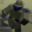 A blocky Roblox character wearing a trench coat and fedora stands in a dramatic, shadowy pose.