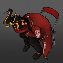 A hooded figure in a red cloak hunched over in a position of deep exhaustion.