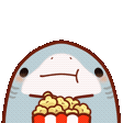 A cute blue shark with a blank expression holding a red and white striped bucket of popcorn.