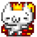 A white pixel cat with a smug expression wears a golden crown against a red background.