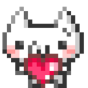 A small white pixel cat with blushing cheeks holding a bright red heart.