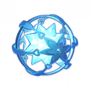 A glowing blue orb surrounded by a ring and star shapes.