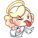Angel girl with blonde hair and a halo sticking her tongue out with a mischievous expression.