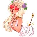 A blonde woman with heart-shaped eyes and a flower in her hair swoons while an arrow is stuck in her back.