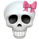 Skull wearing a pink bow on its head with a neutral, deadpan expression.