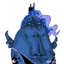 A distorted blue creature with an intense, unblinking expression stares directly forward.