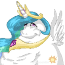 A white alicorn princess with blue hair and a golden crown looking smugly to the side.