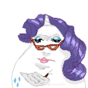 A white unicorn character with purple hair and red glasses looking down with a smug, judgmental expression.