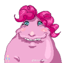 Pink blob creature with bright pink hair and a wide, mischievous grin.