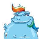 A round blue blob character with a smug expression and a large rainbow-colored mohawk hairstyle.