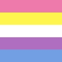 Flag with horizontal stripes of pink, yellow, white, purple, and blue.