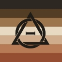 A black geometric symbol of a triangle containing a circle and horizontal dash, centered on a background of horizontal brown…