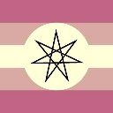Heptagram symbol centered inside a circle on a background of horizontal pink and cream stripes.