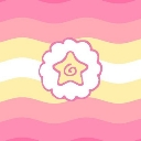 A yellow star with a central swirl inside a white cloud-like border, set against a background of wavy pink and yellow stripe…