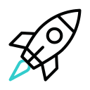 Four black line-art rockets with teal flames arranged in a horizontal row.