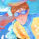 A person wearing blue swimming goggles looks forward with a curious expression in a stylized digital art piece.