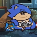 A rotund blue hedgehog character sitting and playing a video game with a controller.