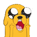 A yellow cartoon dog with wide open mouth and large black eyes filled with white stars.