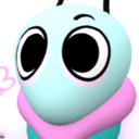 A cute, blue, 3D-rendered creature with large, glossy eyes looking upward with an innocent, mesmerized expression.