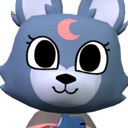 A 3D animated wolf head with large eyes and a pink crescent moon symbol on its forehead.