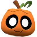 Pumpkin with a small, mischievous smirk and large, round eyes.