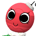 A red, spherical Christmas ornament with large eyes and a smiling mouth.