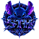 A blue alien character peering over a jagged, dark purple and blue emblem with the letters STH.