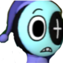 A light blue cartoon character wearing a purple nightcap looks confused with one large eye and a cross-shaped pupil.