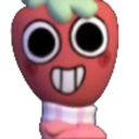 A 3D strawberry character with large eyes and a wide, toothy grin.