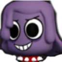 A purple cartoon character with a wide, toothy, mischievous smirk and large eyes.
