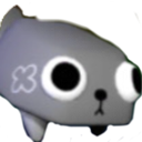 A block-shaped gray creature with huge, wide, circular eyes and a small mouth staring blankly forward.