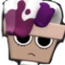 Flower pot character with a bored expression and purple paint on its head.