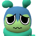 A small creature with a blue hood and green face looking nervous with a squiggly mouth.