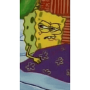 SpongeBob character peering from under a purple blanket with a suspicious, judgmental side-eye expression.