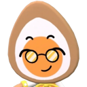 An anthropomorphic egg with a brown shell and orange yolk center wearing round glasses and smiling smugly.