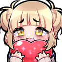 Anime girl with blonde hair and sparkling yellow eyes holding a large red heart against her face.